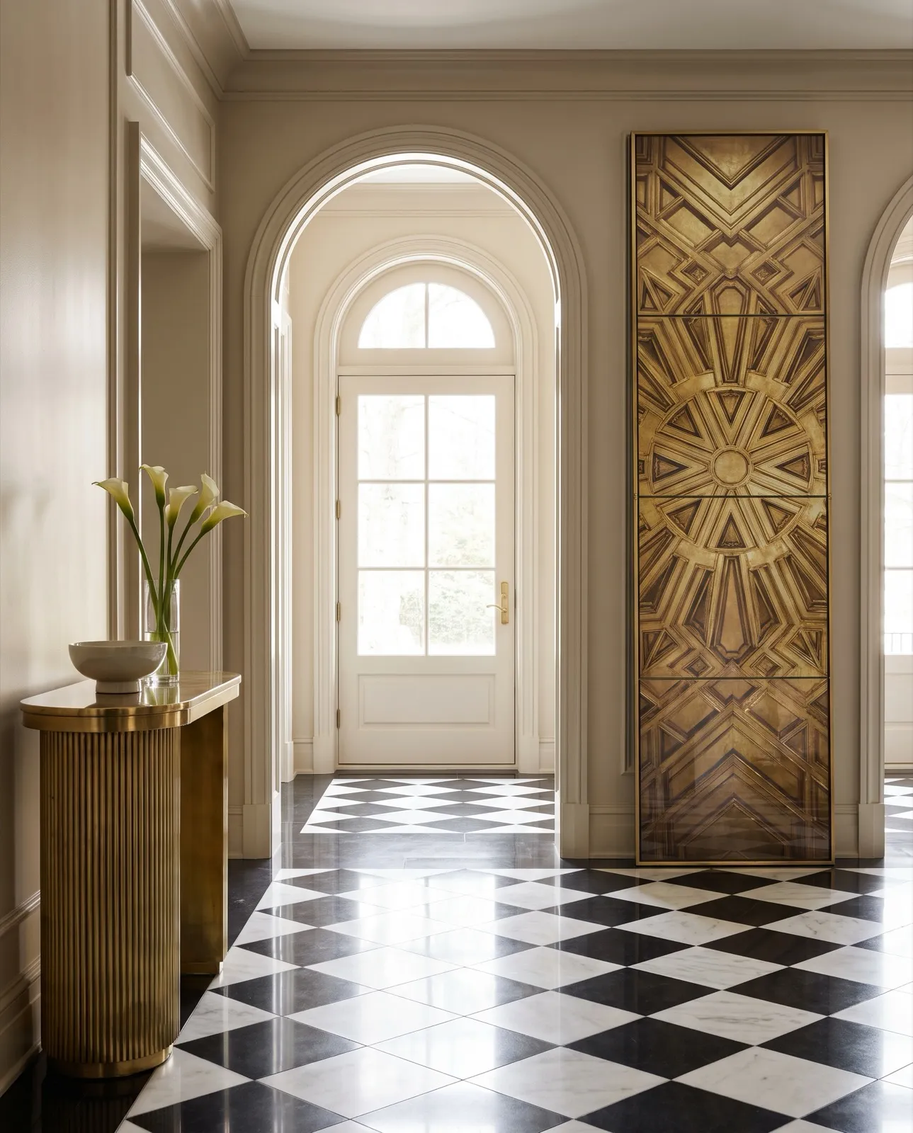 A tall narrow photograph of a gilded Art Deco ceiling in a brass frame beside an arched doorway (AI render)