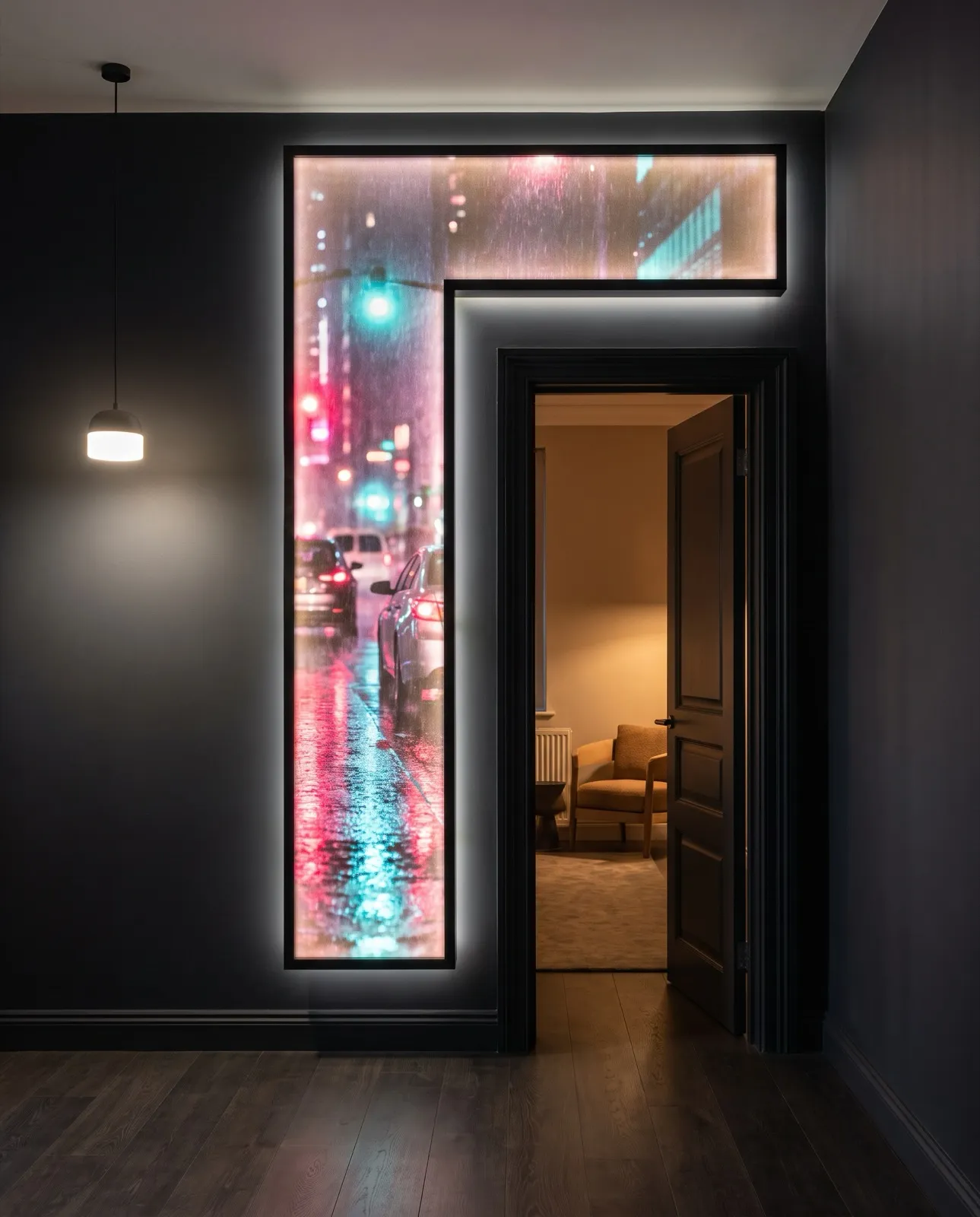 A neon city street at night wrapping around a doorway in an L shape on a charcoal wall (AI render)