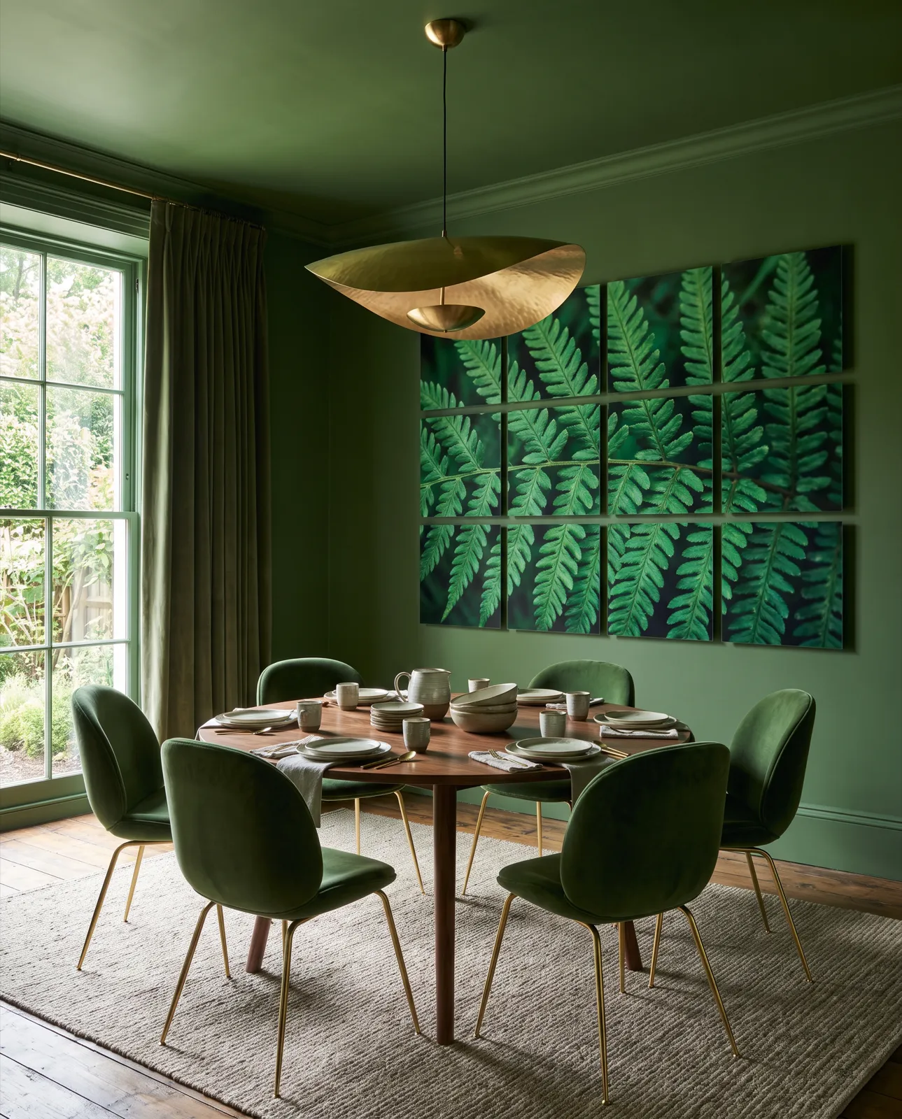 Emerald fern fronds split into twelve floating panels in a moss-green dining room (AI render)