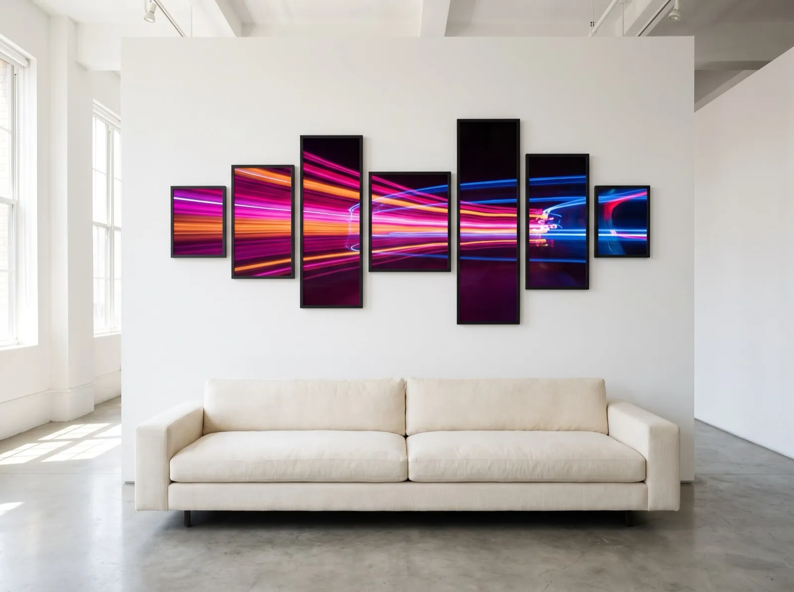 An abstract light painting in magenta, orange and blue split across seven black frames hung at offset heights in a white loft (AI render)