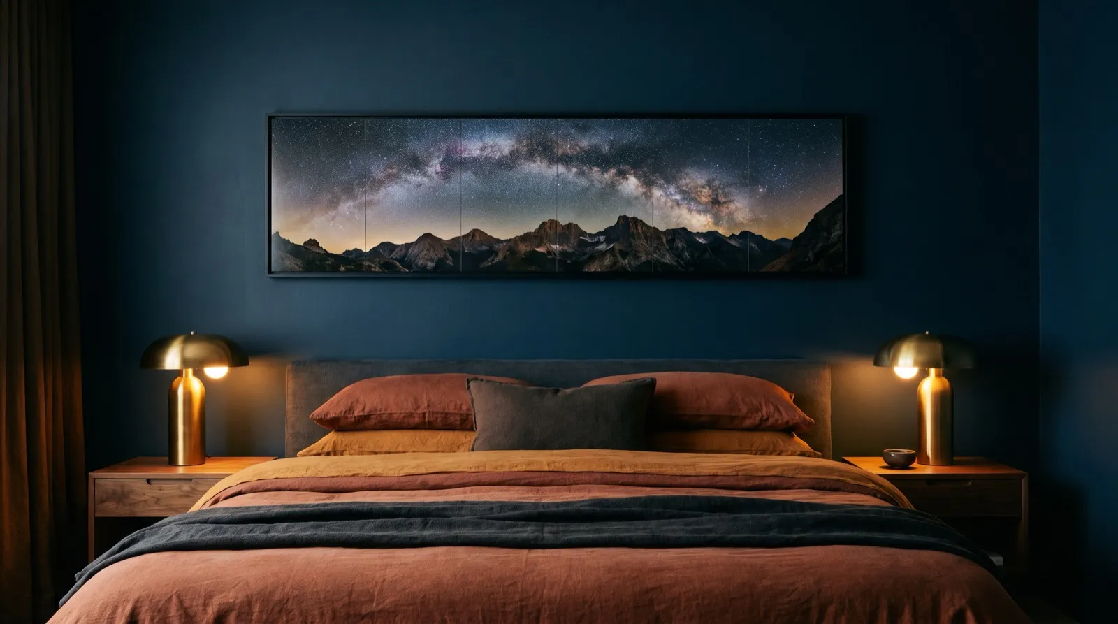A long panorama of the Milky Way over mountains above a bed in a midnight-blue bedroom (AI render)
