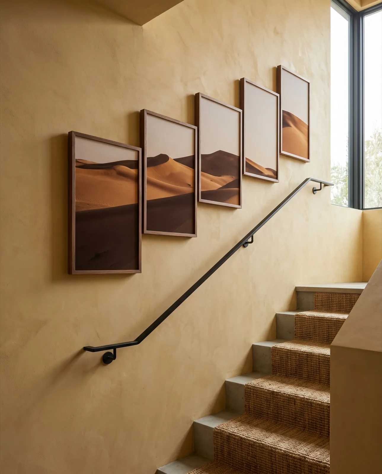 Ochre desert dunes split across walnut frames stepping up a staircase (AI render)