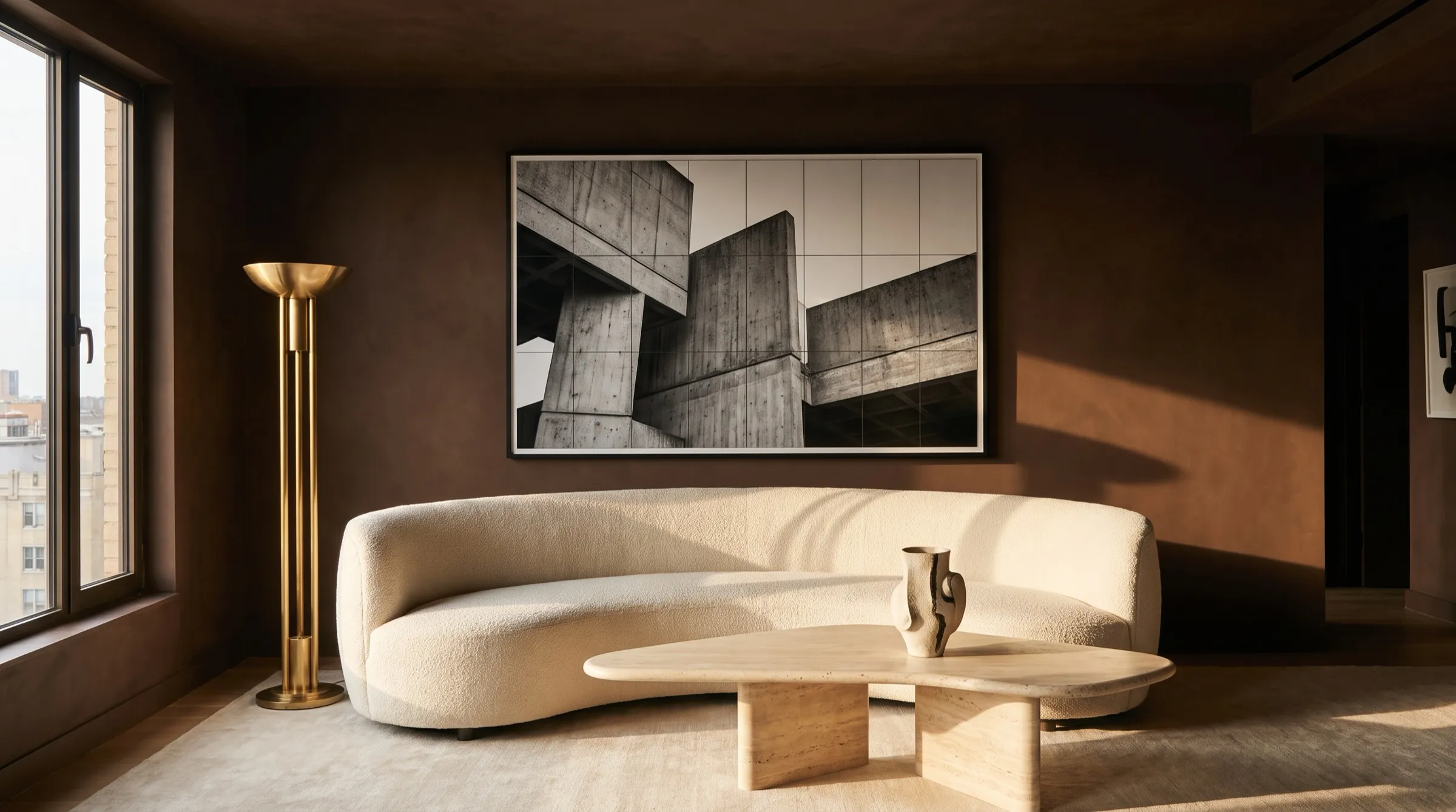 A huge black-and-white photograph of brutalist architecture made of twenty-four A3 panels, in a black frame above a cream sofa in a chocolate-brown room (AI render)