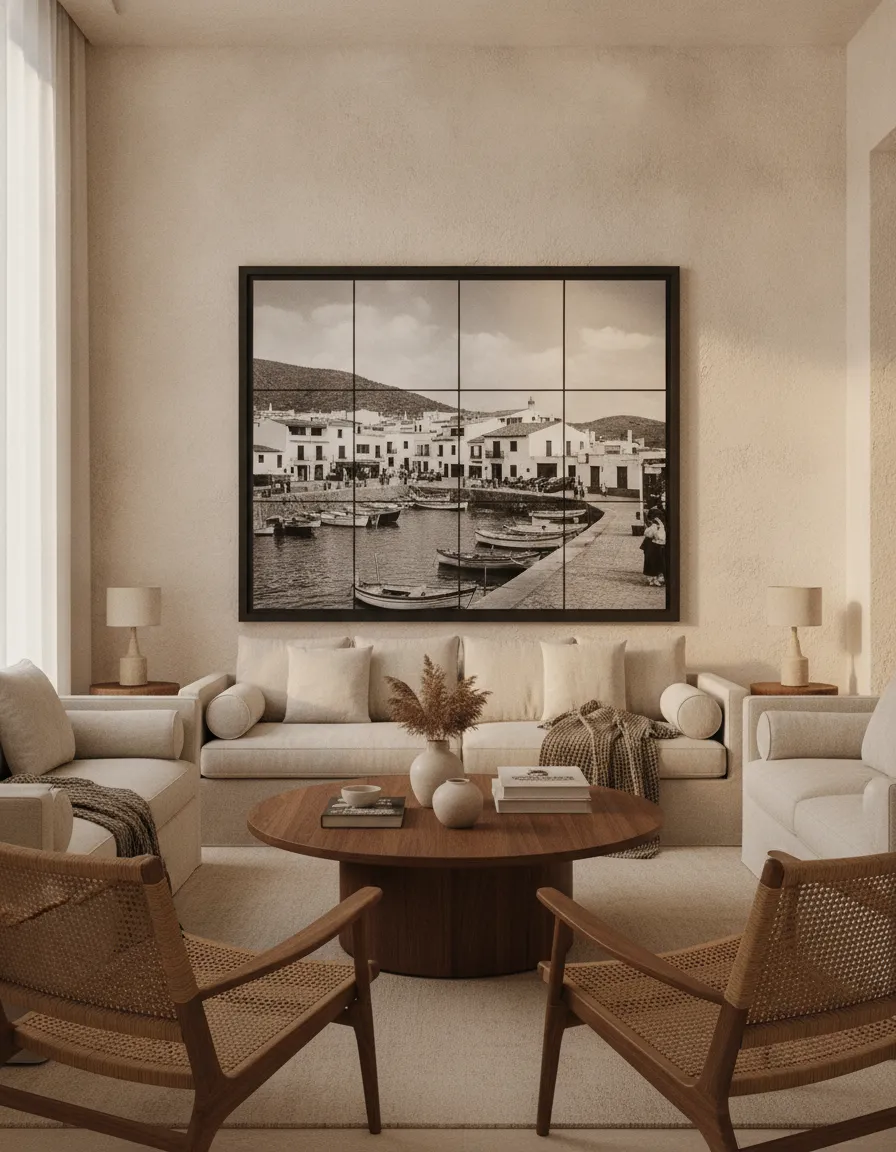 A large framed black and white photograph of a fishing village, made of panels, in a boutique hotel lounge (AI render)